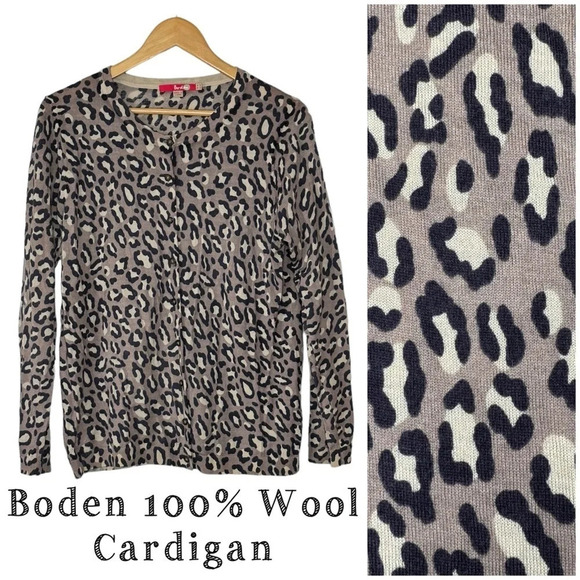 Boden 100% Wool Cardigan Sweater, Leopard Animal Print, Size 14, FLAW - Picture 1 of 8